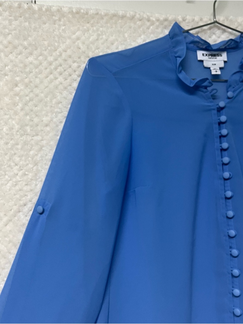 Express Long Sleeve Blouse Blue Ruffle-Neck Button Front Blouse Lightweight Sz S - Picture 5 of 9
